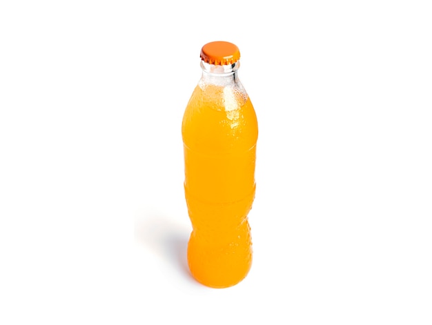 Bottle of orange soda isolated on white.