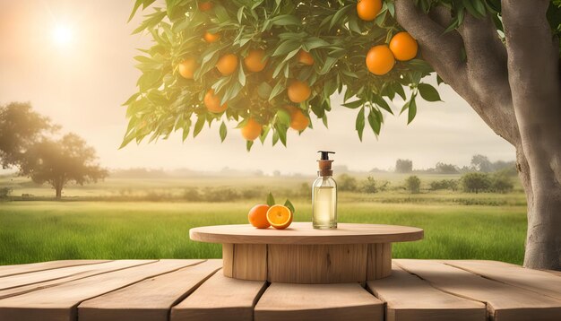 Photo a bottle of oranges sits on a table under a tree