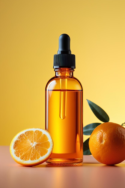 A bottle of organic thaugara oil with oranges and a leaf on a yellow background