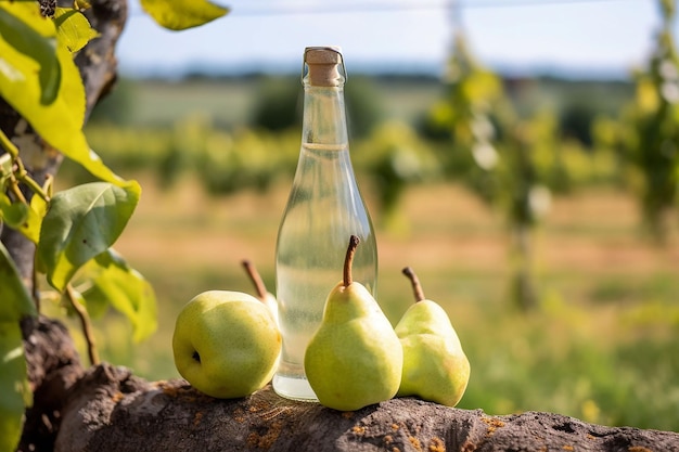 A bottle of pear cider and pears on a tree in the garden