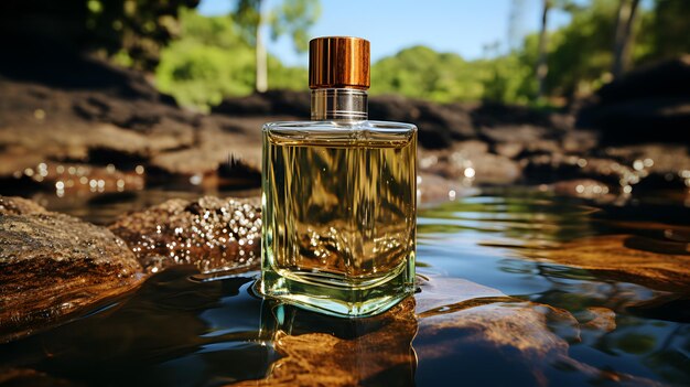 Bottle of perfume on a background of autumn leaves and flower in the forest surround by water