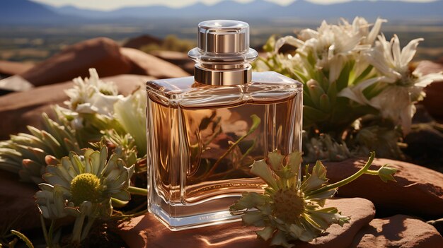 Bottle of perfume on the background of a beautiful sunset in the desert3d render illustration