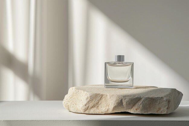 Bottle of perfume on a background of natural stone Mock up of minimal elegant perfume bottle Fragrance presentation trending perfumery design luxury fragrance a mockup with natural materials