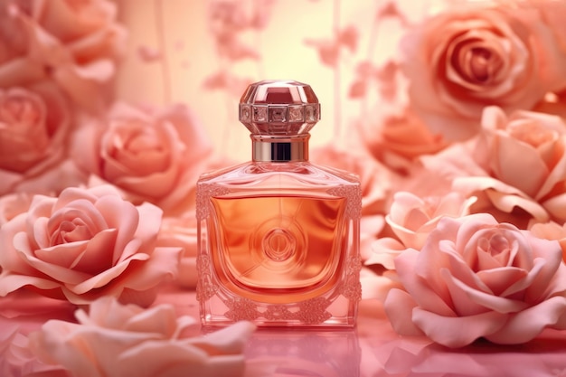 Bottle of perfume on a background of pink roses AI generated