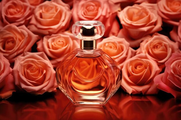 Bottle of perfume on a background of pink roses AI generated