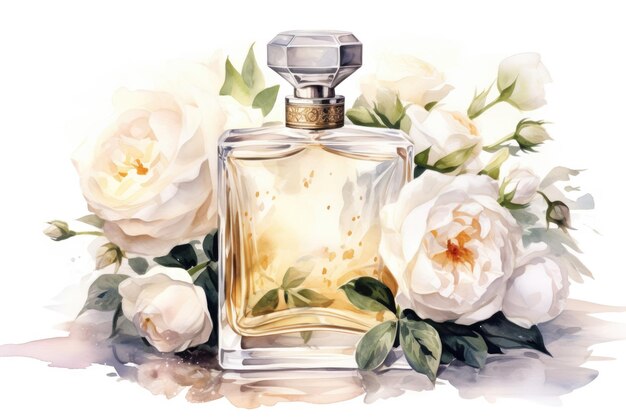 Bottle of perfume on a background of white roses ai generative