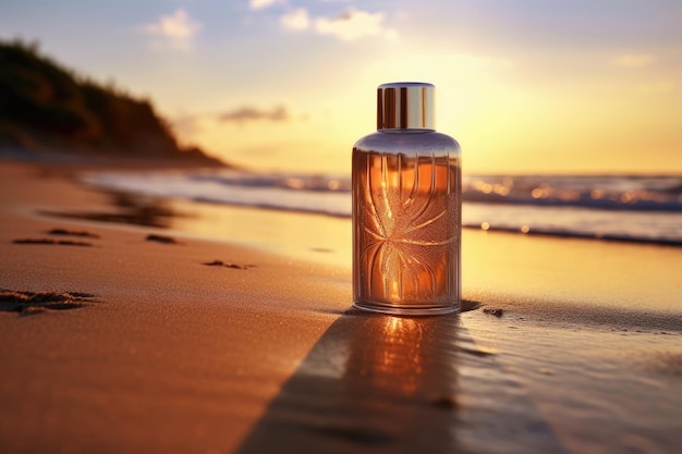 A bottle of perfume on a beach with the sun setting behind it