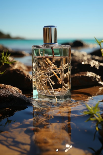 bottle of perfume on the beach