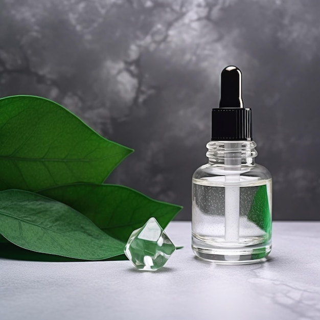 香水のボトル スポイトと緑の葉が付いた化粧品のガラス瓶 AI 生成