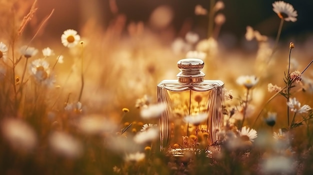 A bottle of perfume in a field of flowers