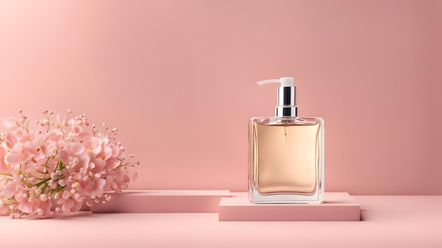 a bottle of perfume next to a flower