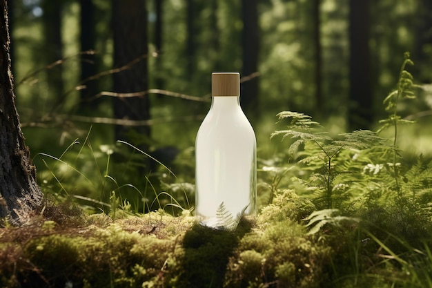 Photo bottle of perfume in the forest closeup on a moss