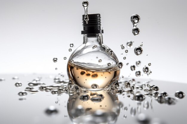 A bottle of perfume is being dropped into a glass bottle.