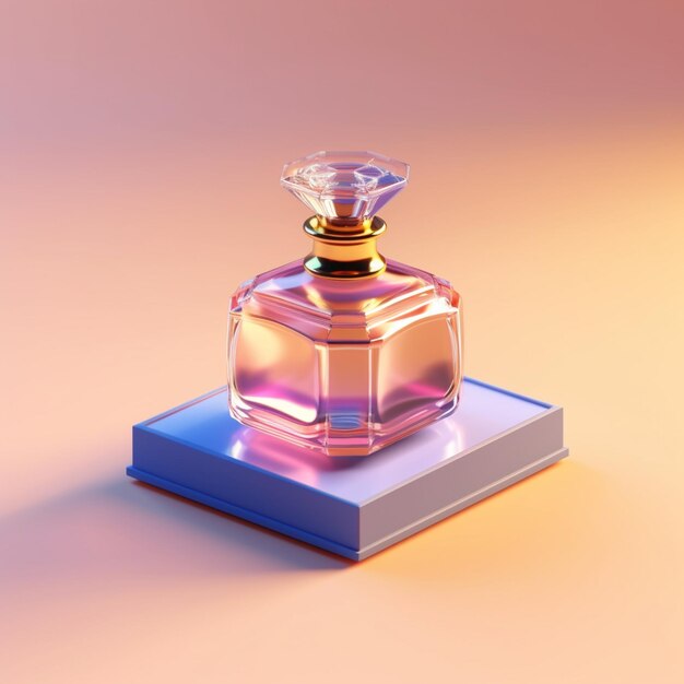 A bottle of perfume is on a box with a pink background.