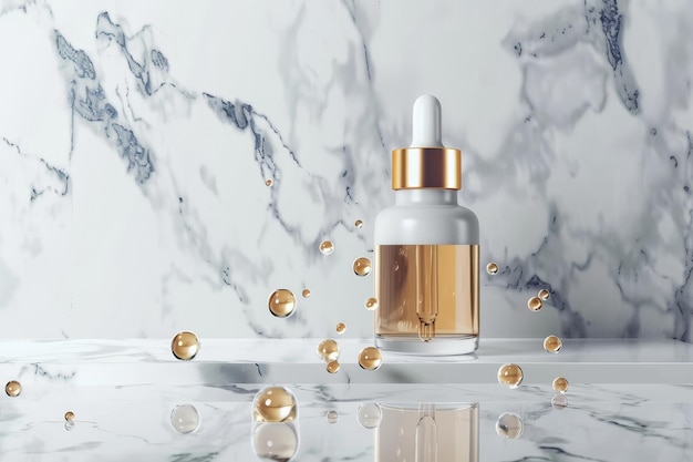 A bottle of perfume is on a marble countertop with a few drops of oil scattered