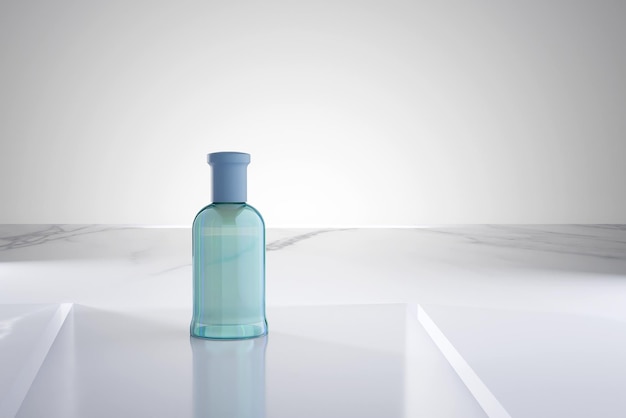 A bottle of perfume is placed on a smooth marble countertop d render