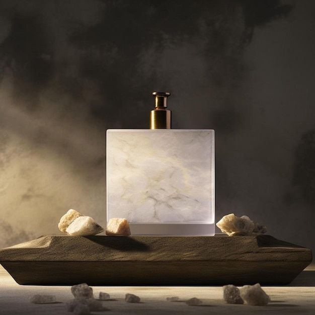 Photo a bottle of perfume is on a table with a white marble on it