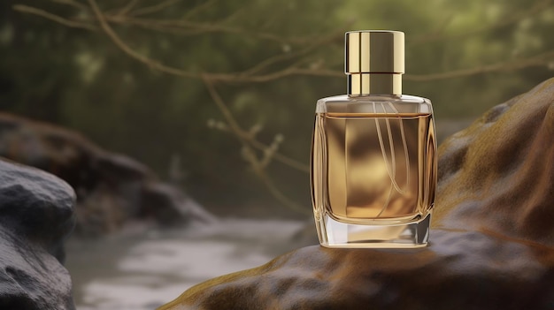A bottle of perfume mock up with a wooden background