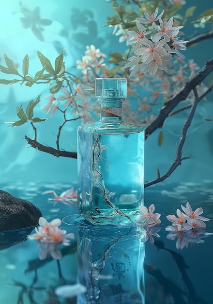 Бутылка парфюмерии таинственный синий и цветущий в