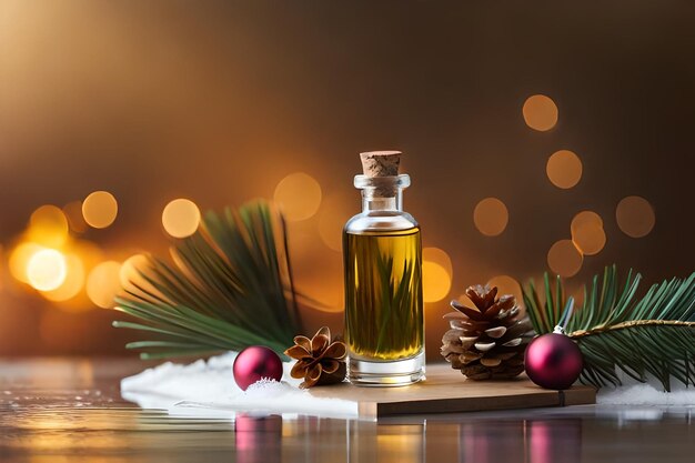 A bottle of perfume oil sits on a tray with the christmas lights behind it