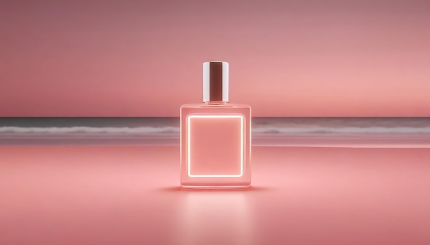 Bottle of perfume in pastel colors on the beach 3D rendering