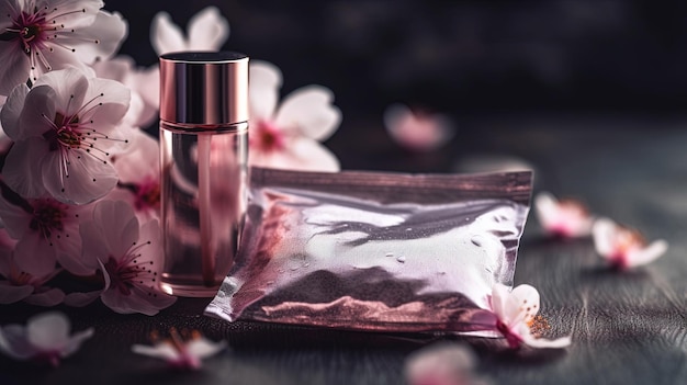 A bottle of perfume sits next to a bag of flowers.