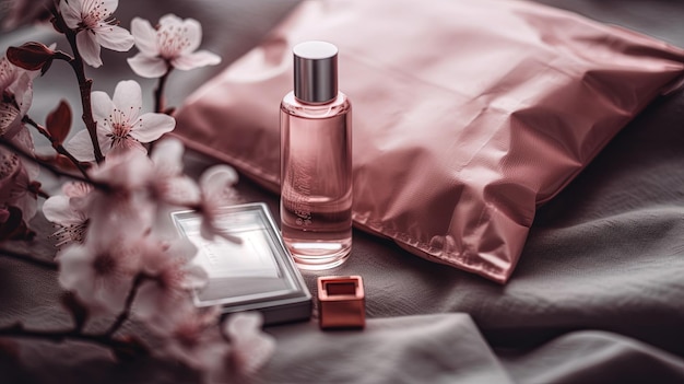 A bottle of perfume sits on a bed next to a pink pillow.