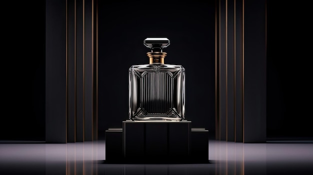 Photo a bottle of perfume sits on a black platform.