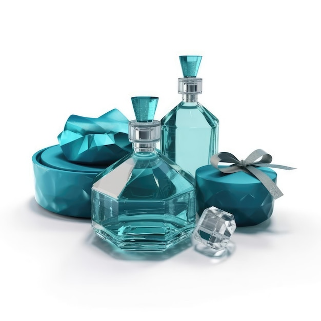 一瓶香水照片坐在旁边一盒蓝色的礼品盒。