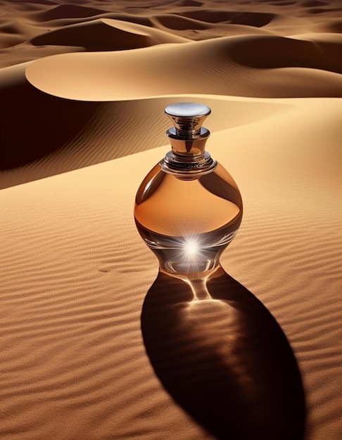 A bottle of perfume sits in the desert.