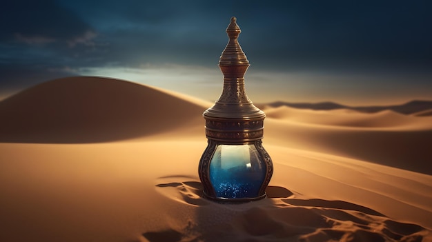 A bottle of perfume sits in the desert.