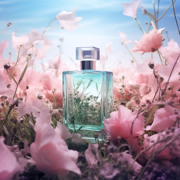 a bottle of perfume sits in a field of flowers.