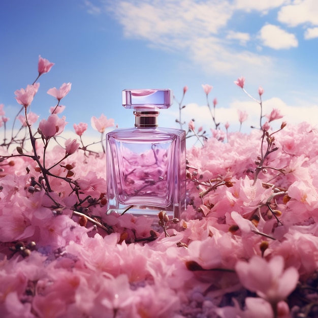 a bottle of perfume sits in a field of flowers.