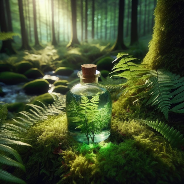 a bottle of perfume sits in the forest surrounded by ferns