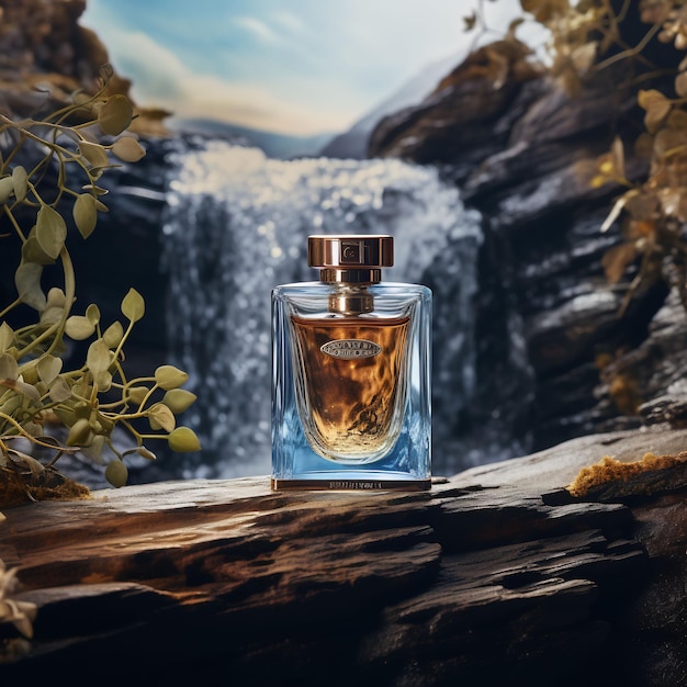 a bottle of perfume sits on a log with a waterfall in the background.