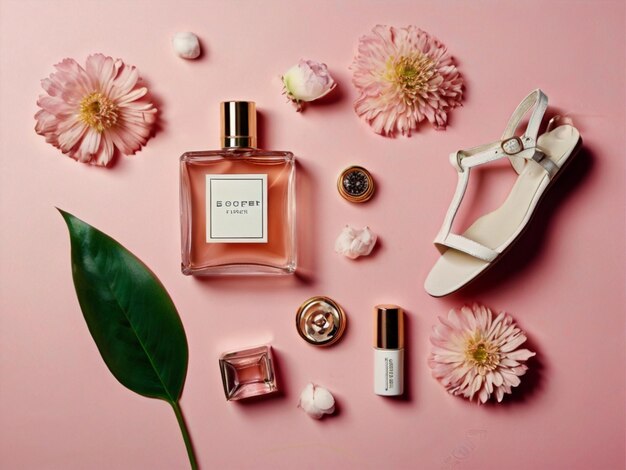 a bottle of perfume sits on a pink background with flowers