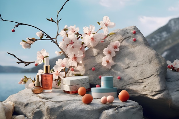 A bottle of perfume sits on a rock next to a cherry blossom tree.