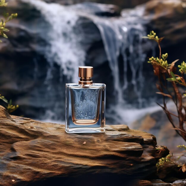 a bottle of perfume sits on a rock in front of a waterfall.