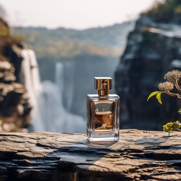 a bottle of perfume sits on a rock overlooking a waterfall.