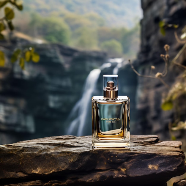 a bottle of perfume sits on a rock overlooking a waterfall.