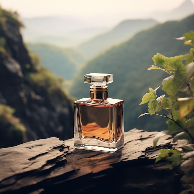 a bottle of perfume sits on a rock with a mountain in the background.