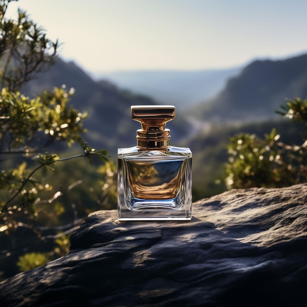 a bottle of perfume sits on a rock with a mountain in the background.