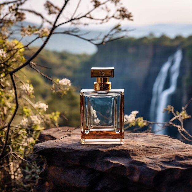 a bottle of perfume sits on a rock with a waterfall in the background.