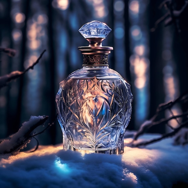 a bottle of perfume sits in the snow