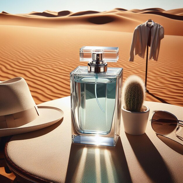 Photo a bottle of perfume sits on a table in the desert