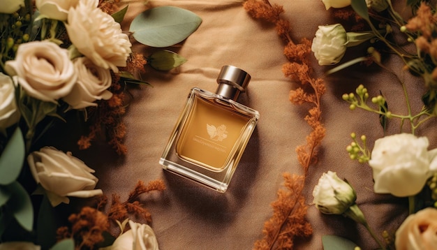 A bottle of perfume sits on a table surrounded by flowers