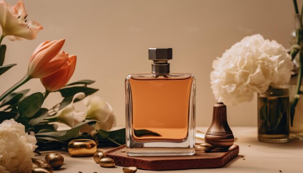 A bottle of perfume sits on a table surrounded by flowers