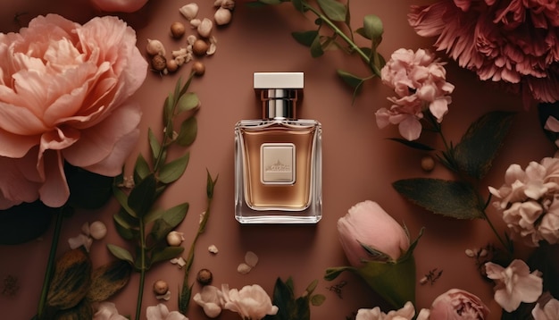 A bottle of perfume sits on a table surrounded by flowers