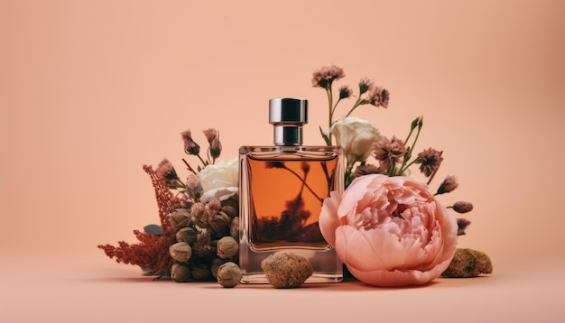 A bottle of perfume sits on a table surrounded by flowers