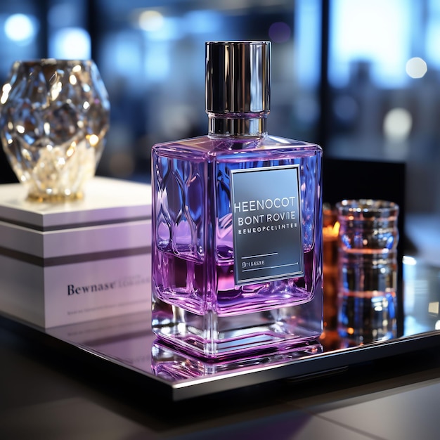 a bottle of perfume sits on a table with a bottle of perfume in the background.